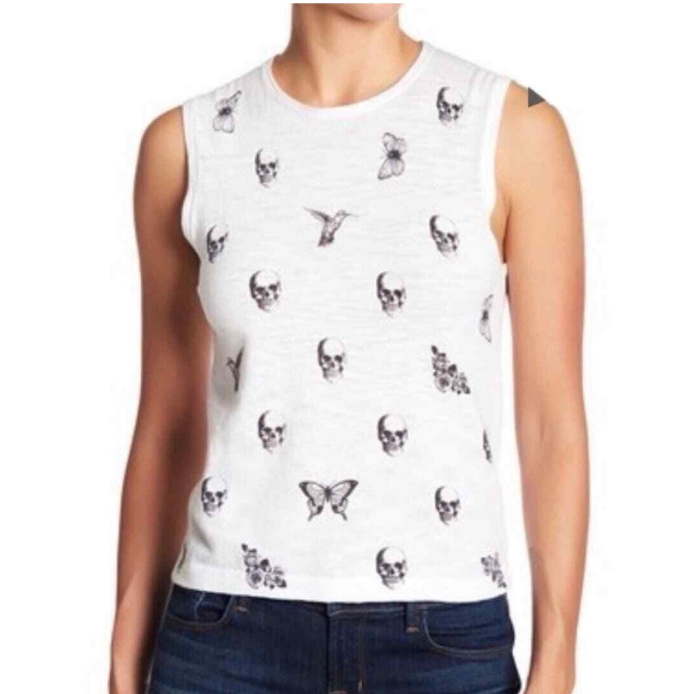 Skull Cashmere Cotton White Tank Top with Skull and Butterfly Print